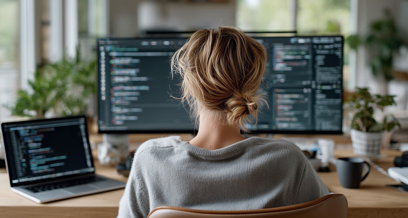 Mitarbeiterin einer Webagentur sitzt vor einem Bildschirm am Schreibtisch und überprüft Hosting und Domains eines Kunden